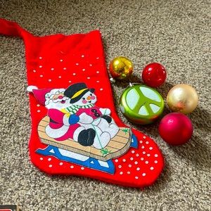 A stocking and ornaments